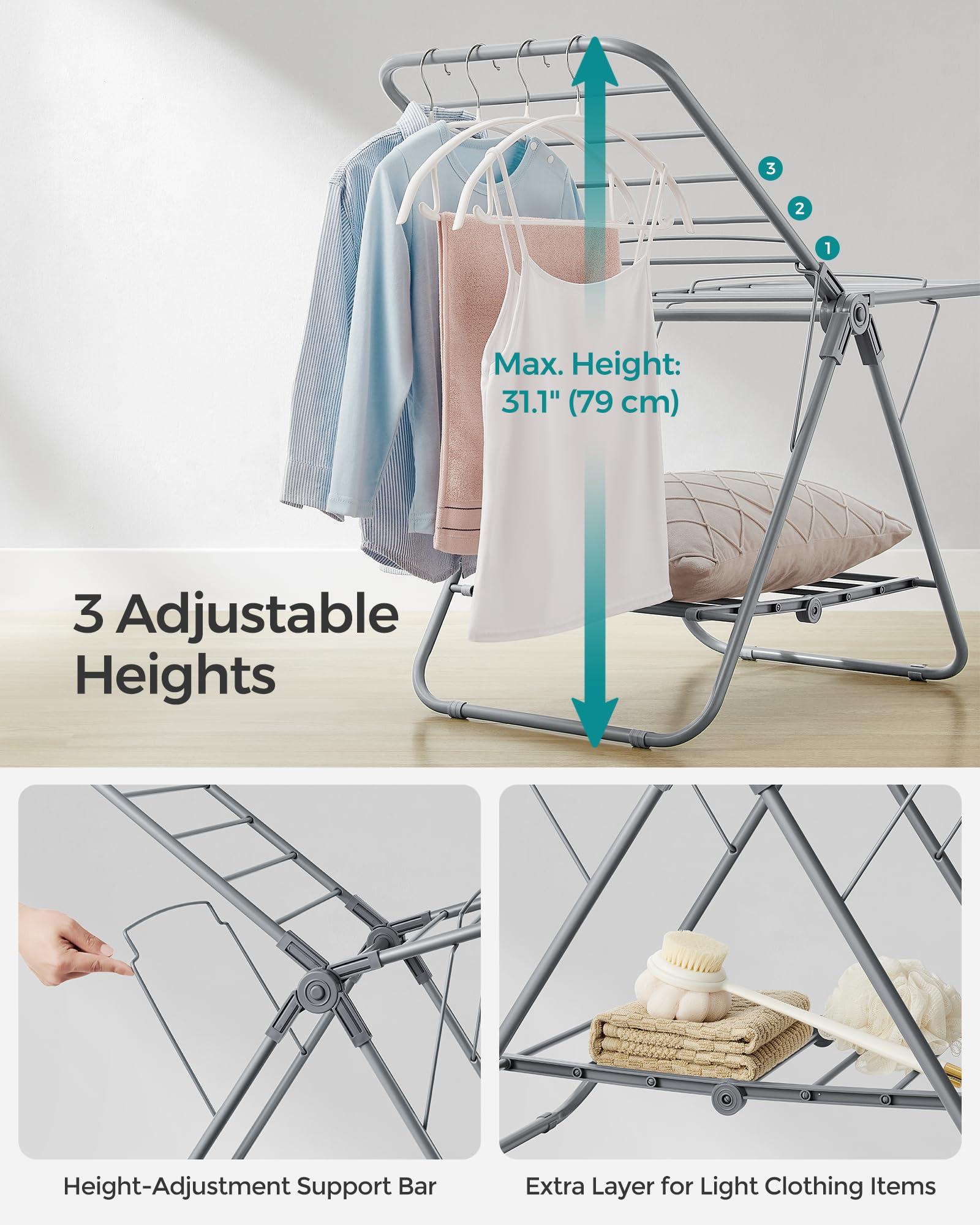 SONGMICS Small Clothes Drying Rack, Foldable 2-Level Laundry Drying Rack, Space-Saving, for Small Clothes, Towels, Bathroom, Balcony, 17.3 x 39.8 x 19.7 Inches, Dove Gray ULLR504G01