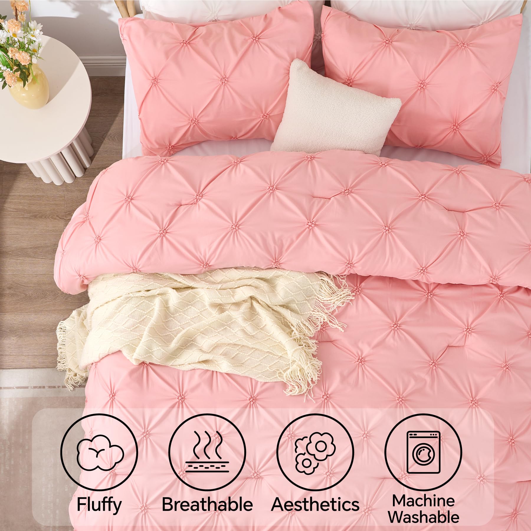 BEDELITE Pink Twin Comforter Set for Girls - 2 Peices Boho Pintuck Bedding Comforter Sets, Lightweight Soft & Warm Twin Bedding Sets with 1 Pillowcase for All Season