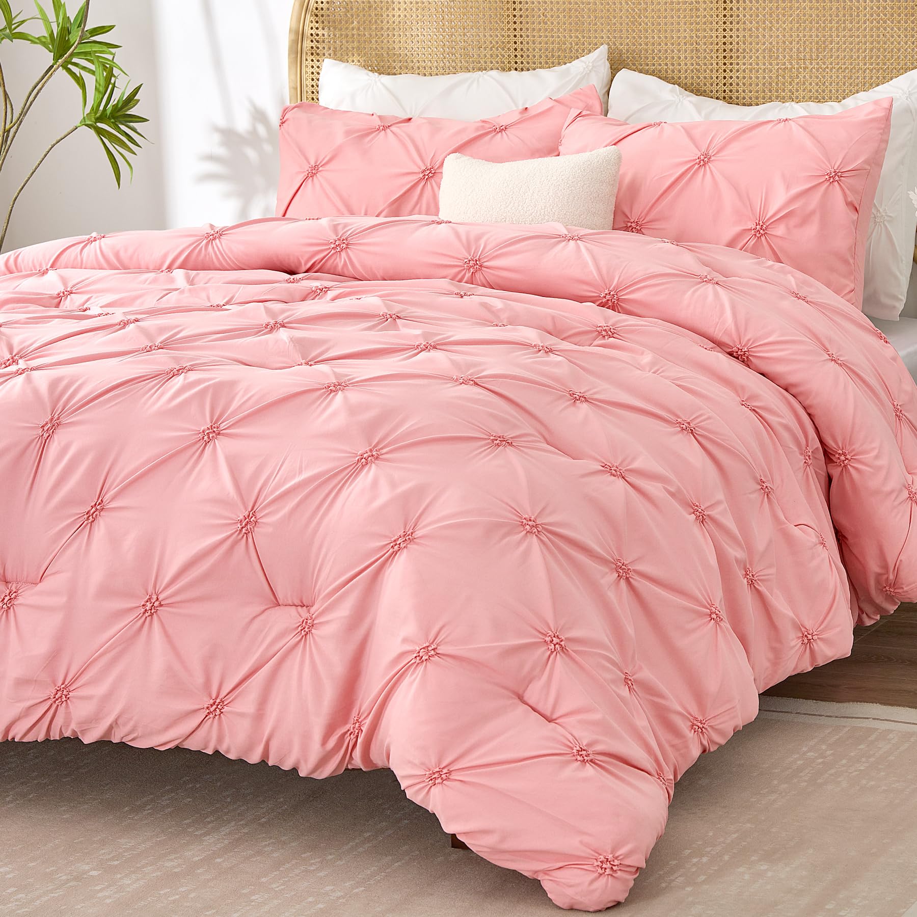 BEDELITE Pink Twin Comforter Set for Girls - 2 Peices Boho Pintuck Bedding Comforter Sets, Lightweight Soft & Warm Twin Bedding Sets with 1 Pillowcase for All Season