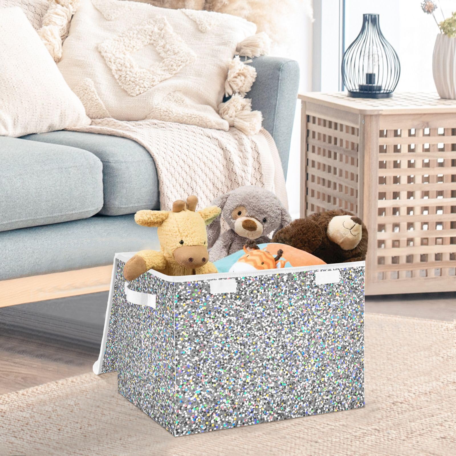 VIGTRO Silver Glitter Rainbow Sparkles Storage Bins with Lids Foldable Storage Boxes with 2 Handles, Bling Decorative Storage Basket Collapsible for Clothes Books