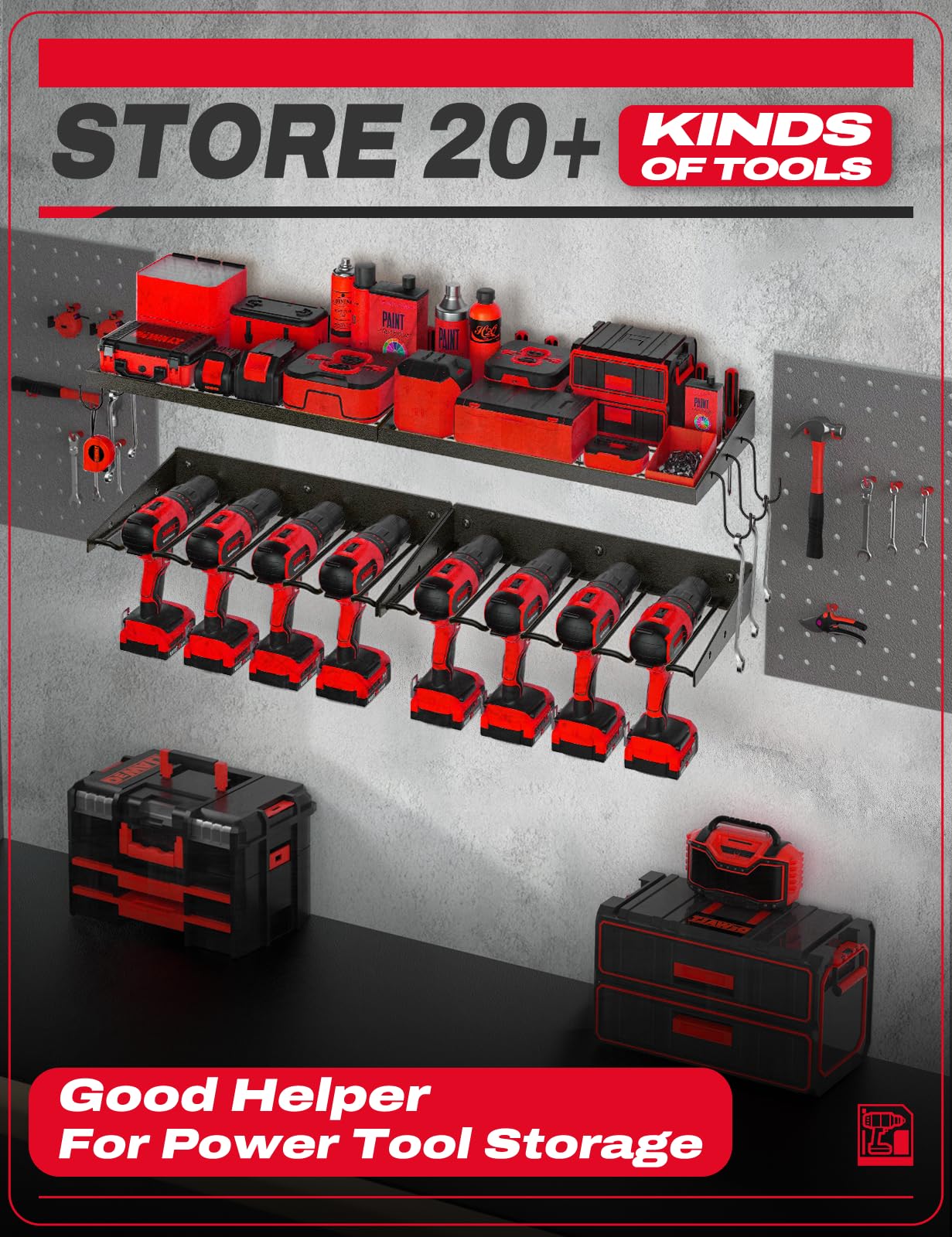 Amoowis Power tool organizer, Drill Holder Wall Mount, Drill Organizer with Charging Station, Tool Storage Rack for Garage Organization, Cordless Drill Holder Heavy Duty Utility Racks 2 pack 4 set