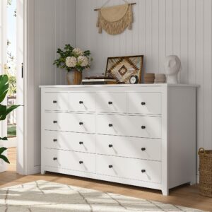 EnHomee White Dresser, Dresser for Bedroom with 10 Wood Drawers Dressers & Chests of Drawers with Smooth Metal Rail, Wide Storage Dressers Organizer for Hallway, Bedroom, 52.2W*15.8" D*35.8" H