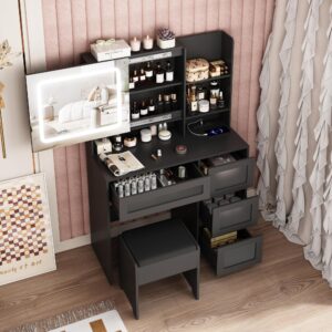 Makeup Vanity Desk with Sliding Mirror and Lights, 4 Drawers & Charging Station, LED Light, Vanity Table with Adjustable Brightness & 3 Colour Light Modes, Dresser Desk and Cushioned Stool Set, Black