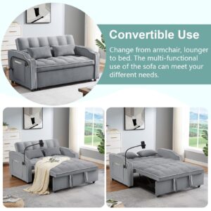 Lakifun Convertible Sleeper Sofa Bed, Modern Velvet Loveseat w/Pull Out Couch, 54.7" Loveseats Sofa w/Adjsutable Backrest, Cup Holders and USB Port, Swivel Phone Stand,Grey