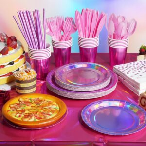 Iridescent Pink Party Supplies Decorations Serve 25, Hot Pink Holographic Paper Plates and Napkins Set, Disposable Pink Paper Plates Cups Knives Spoons Fork for Mermaid Disco Birthday Graduation Party