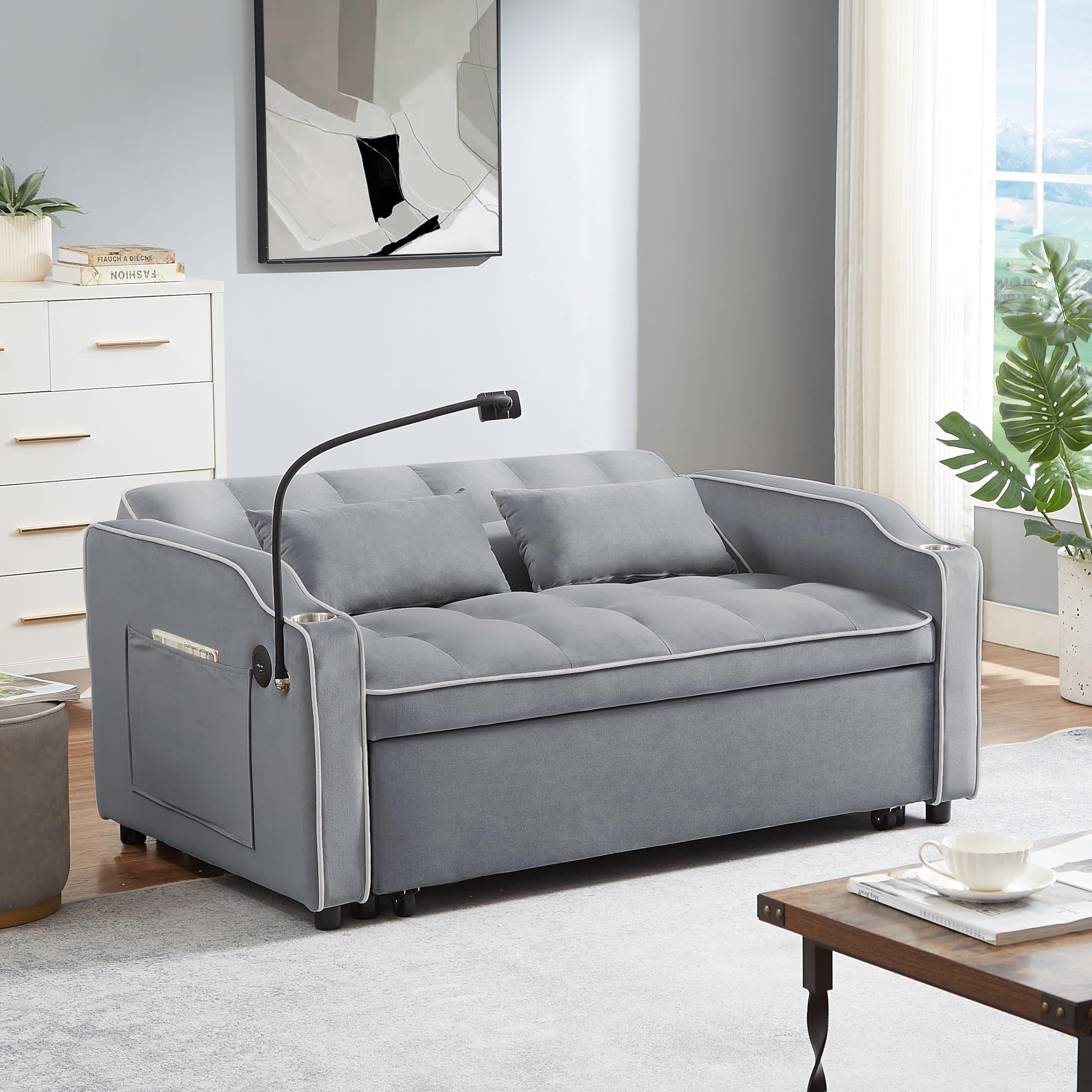 Lakifun Convertible Sleeper Sofa Bed, Modern Velvet Loveseat w/Pull Out Couch, 54.7" Loveseats Sofa w/Adjsutable Backrest, Cup Holders and USB Port, Swivel Phone Stand,Grey