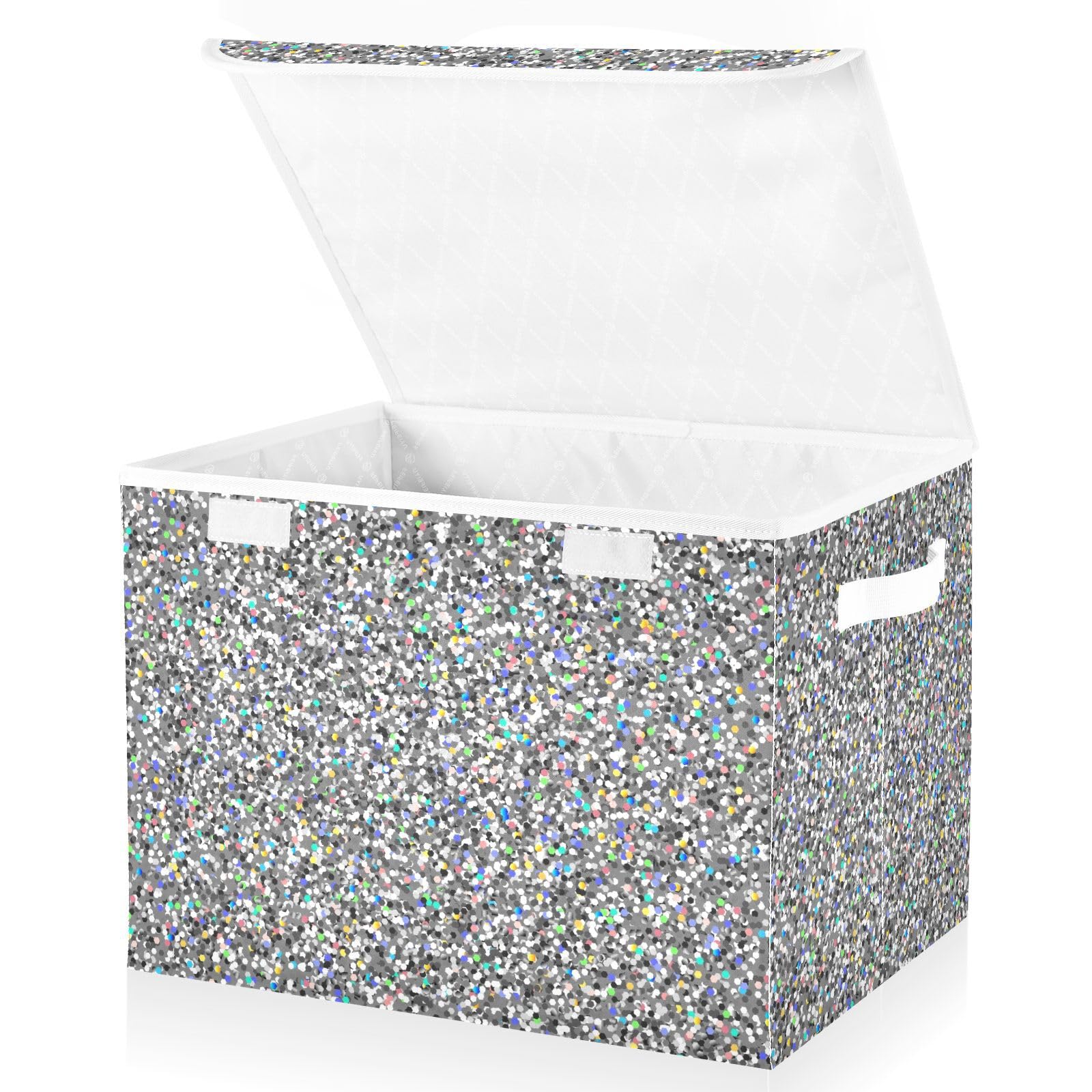 VIGTRO Silver Glitter Rainbow Sparkles Storage Bins with Lids Foldable Storage Boxes with 2 Handles, Bling Decorative Storage Basket Collapsible for Clothes Books