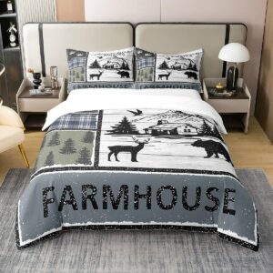 erosebridal 100% cotton farmhouse deer comforter cover king woodland bear moose elk bedding set, rustic reindeer lodge cabin vintage country pine trees blue checkered buffalo plaid duvet cover