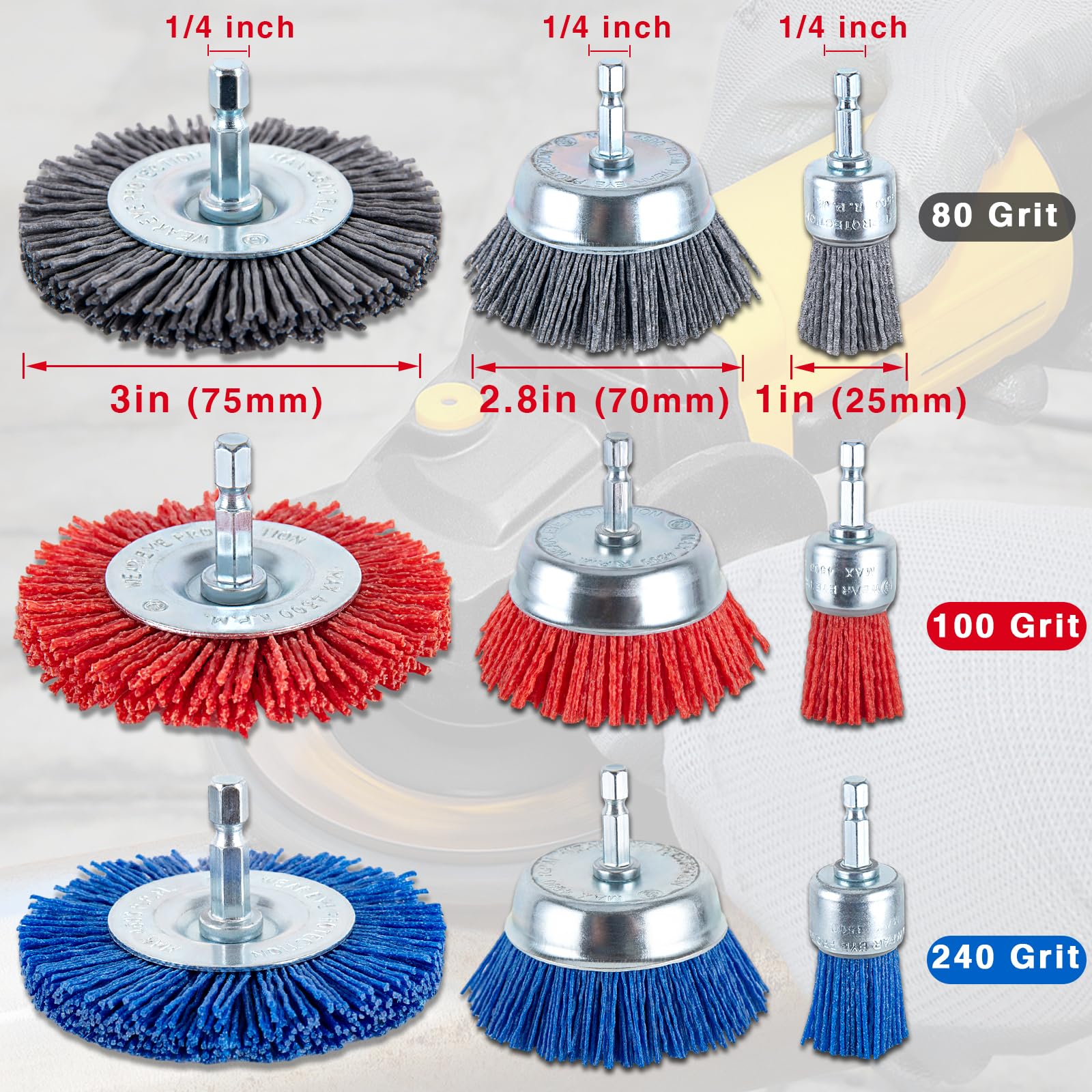 Nylon Filament Brush - 9 Pack Abrasive Filament Nylon Wire Bristle Drill Wheel and Cup Brush Set, Nylon Brush for Drill with 1/4 Inch Hex Shank for Removal of Rust Corrosion Paint - 80/100/ 240 Grit