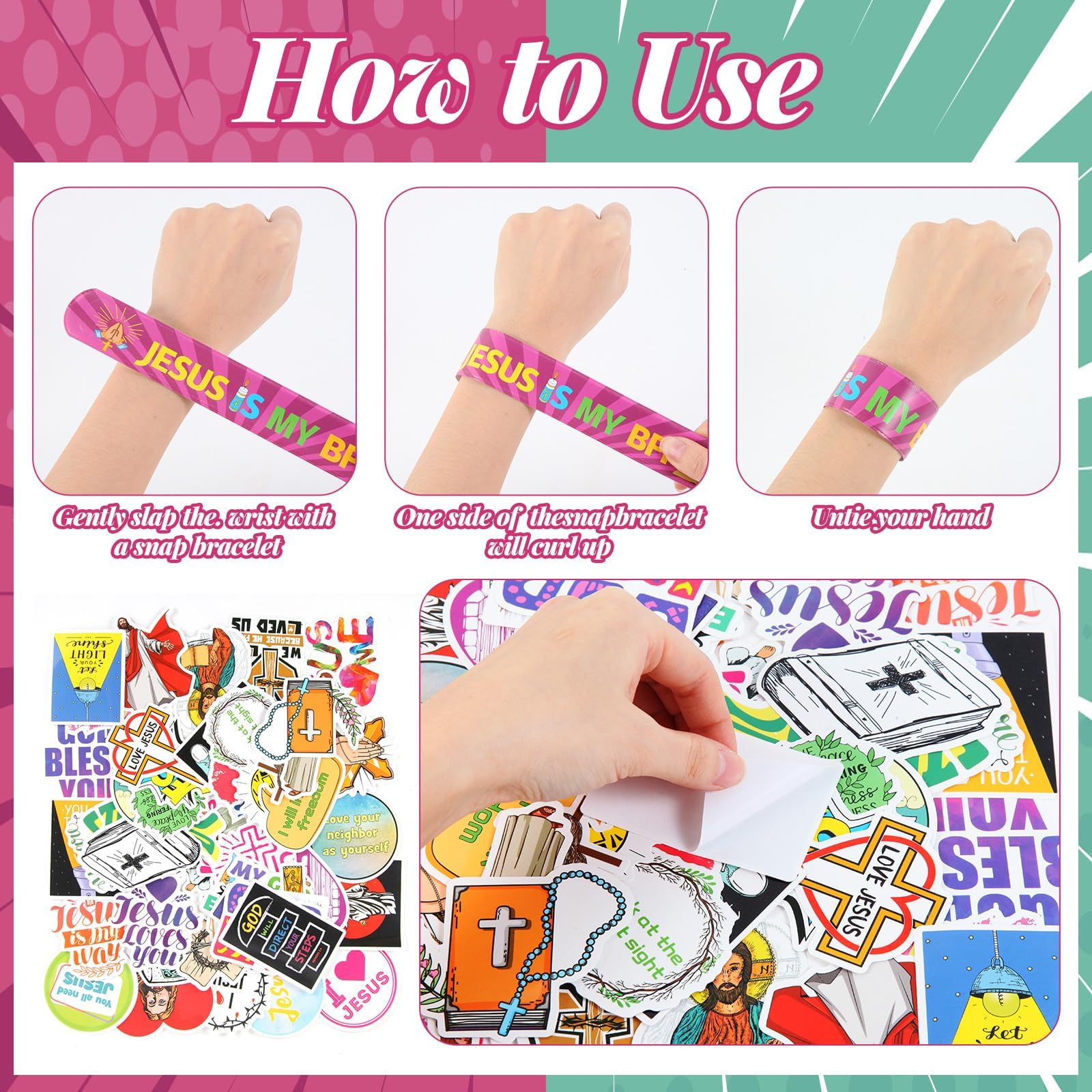 Kolewo4ever 244 Pieces Bible Verses Gifts Set:144 Pieces Bible Verses Slap Bracelets Religious Christian Wristbands 100 Pieces Bible Verses Stickers for Church Gatherings and Additional Activities