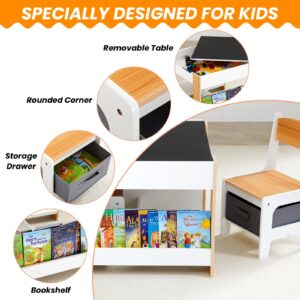 Asweets Kids Table and Chair Set,4 in 1 Toddler Desk with Storage Drawer,Wooden Activity Table for 2 in 1 Detachable Tabletop,Bookshelve,Suitable for Classroom,Home, Nursery, Playroom (Natural White)