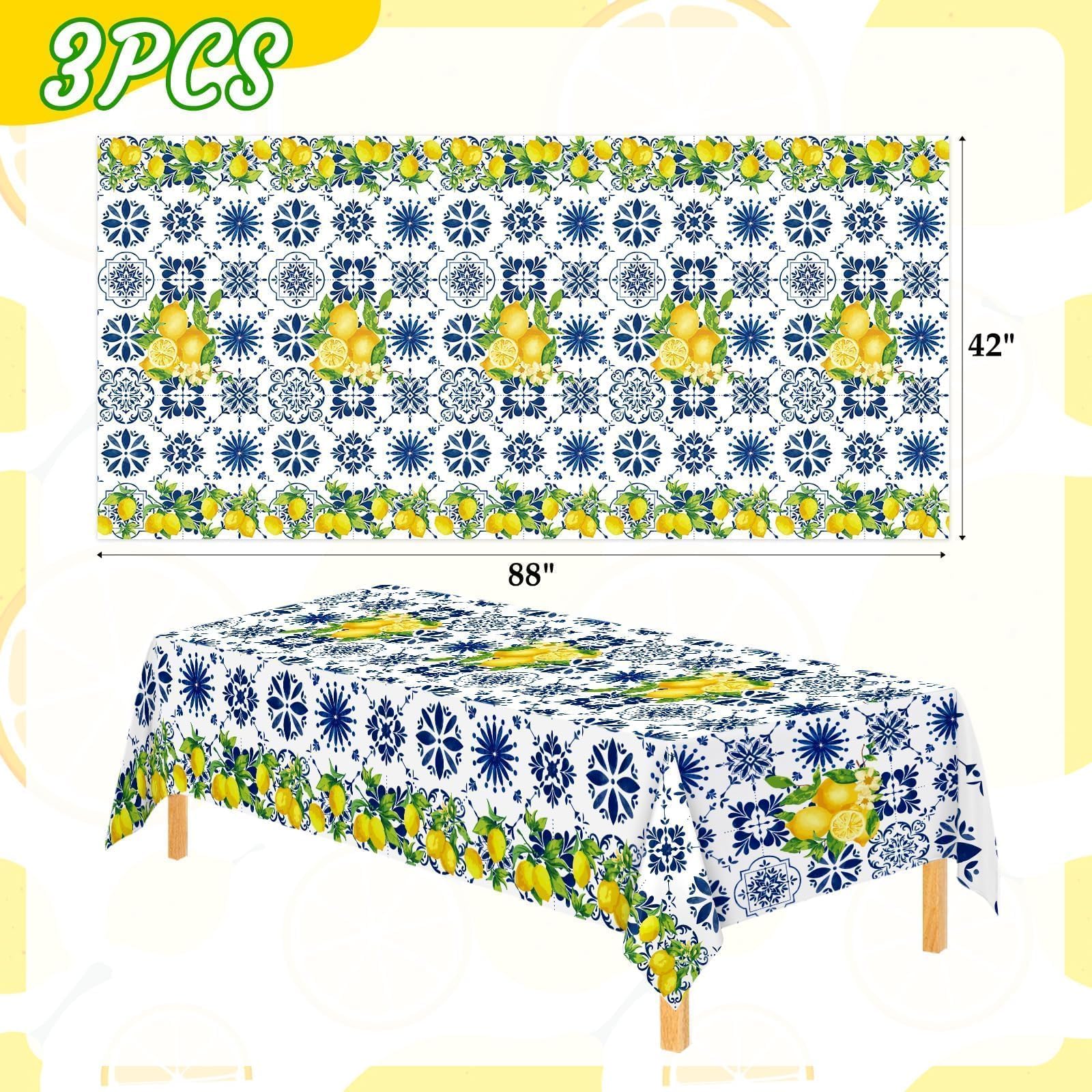 Nefelibata Lemon Tablecloth Birthday Party Decorations 3PCS Disposable Blue Tile Plastic Table Covers for Bridal Baby Showers Kitchen for Summer Spring Italian Themed Party Supplies 42 * 88 Inches