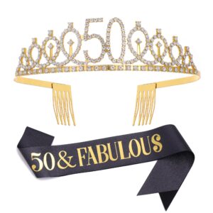 black gold 50 & fabulous sash & rhinestone tiara set, 50th birthday gifts for women, birthday sash/tiara for women's 50th birthday party decoration (black 50th)