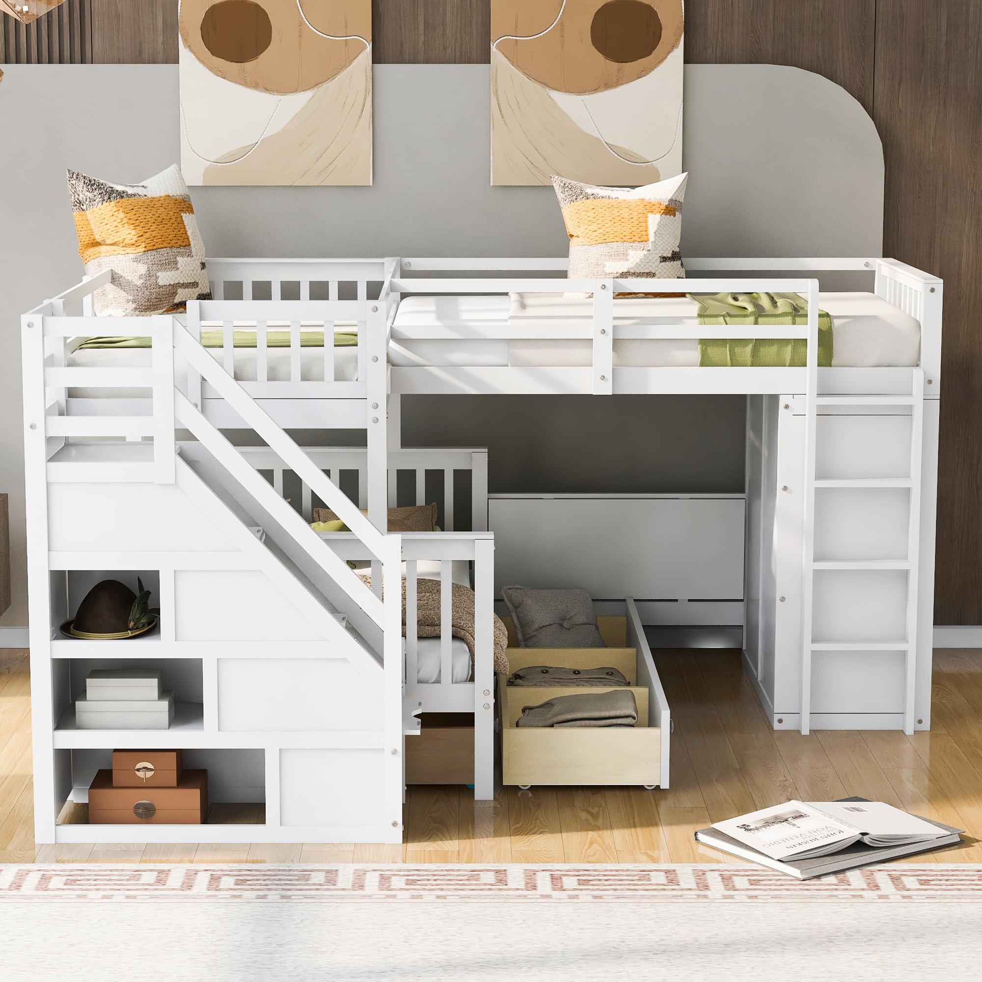 Merax L-Shaped Triple Bunk Bed with Desk & Stairs, Twin & Twin Over Full Bunk Bed for 3, Storage Drawers and Wardrobe Included, for Adults, Boys & Girls, White