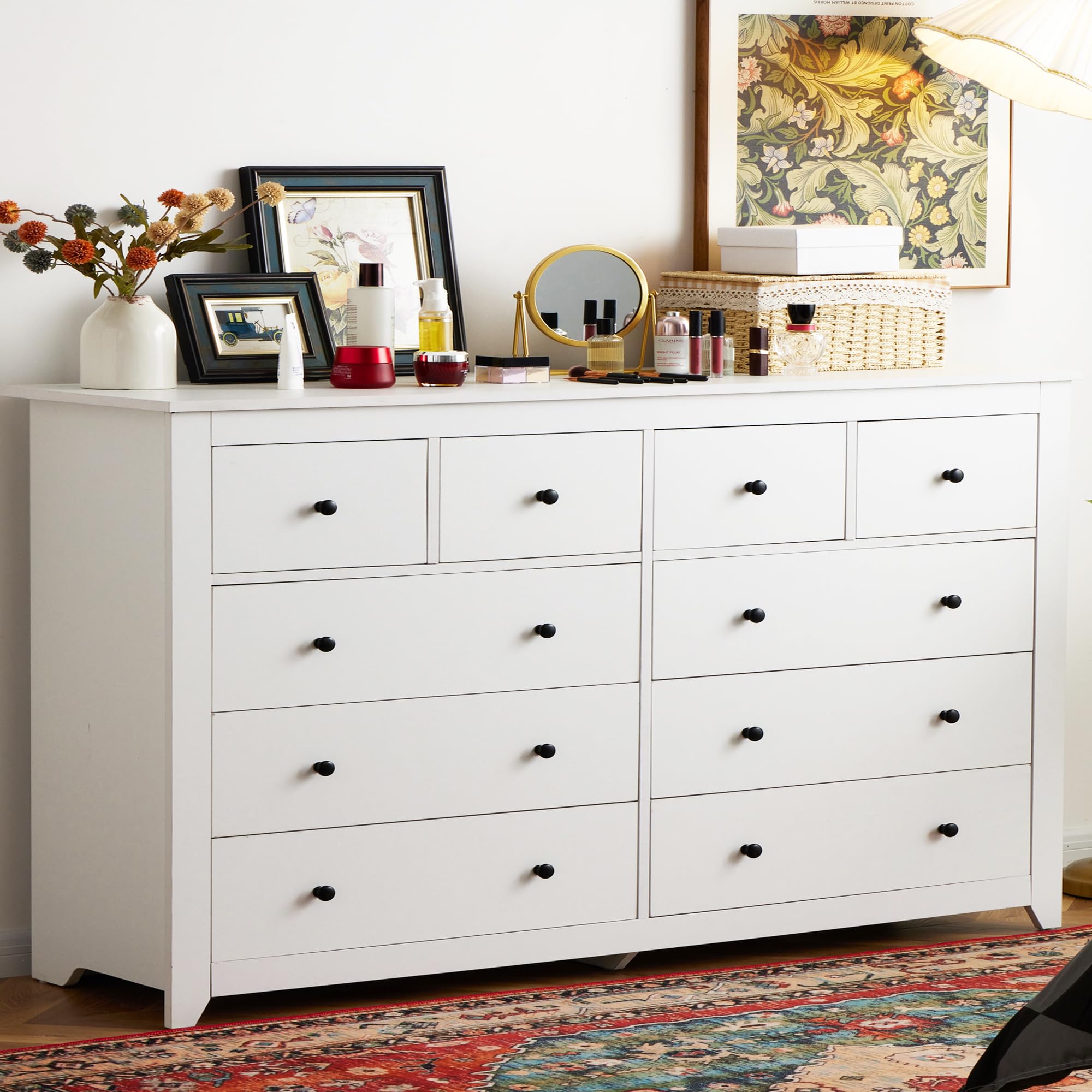 EnHomee White Dresser, Dresser for Bedroom with 10 Wood Drawers Dressers & Chests of Drawers with Smooth Metal Rail, Wide Storage Dressers Organizer for Hallway, Bedroom, 52.2W*15.8" D*35.8" H