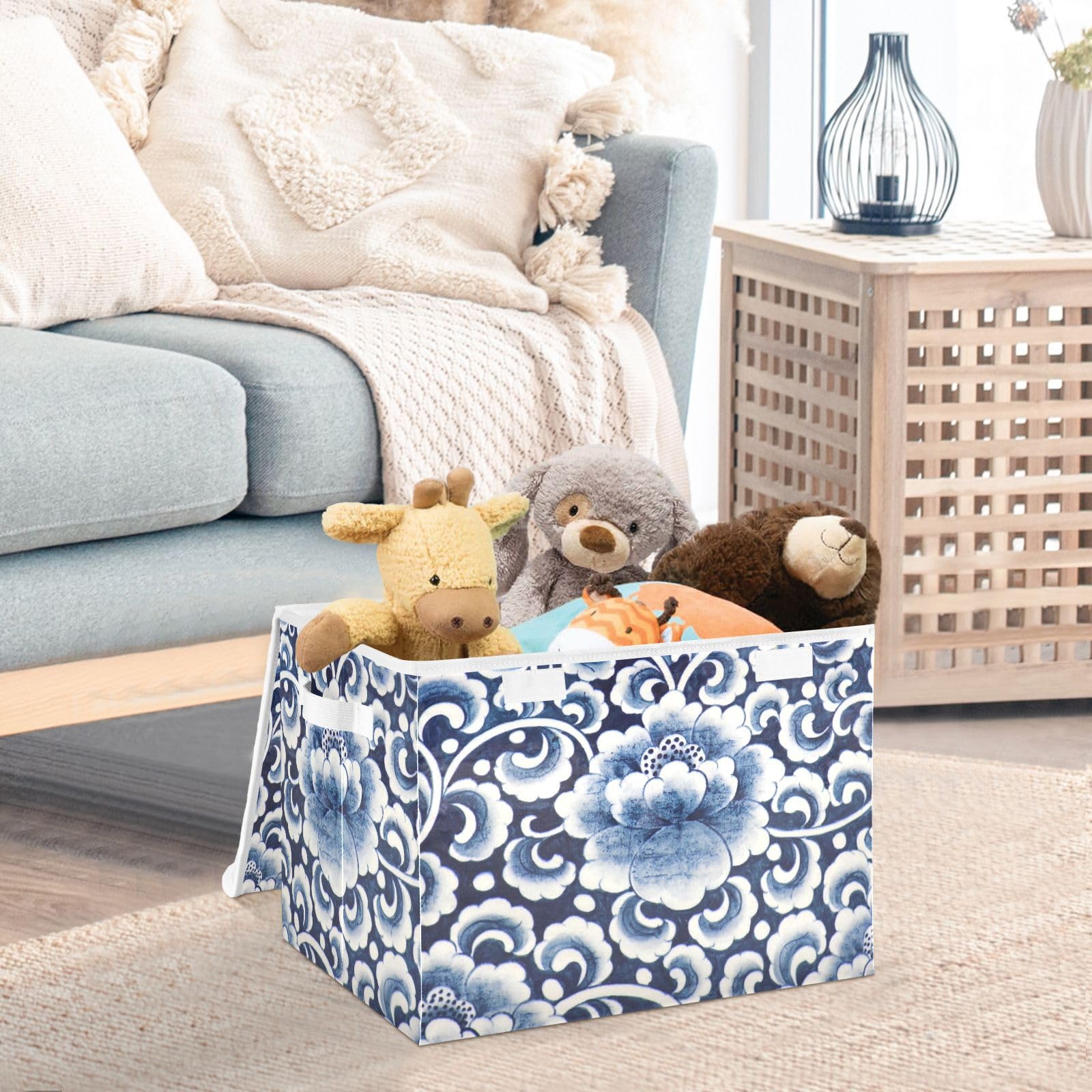 VIGTRO Blue and White Flower Storage Bins with Lids Foldable Storage Boxes with 2 Handles, Chinese Tradition Decorative Storage Basket Collapsible for Clothes Books