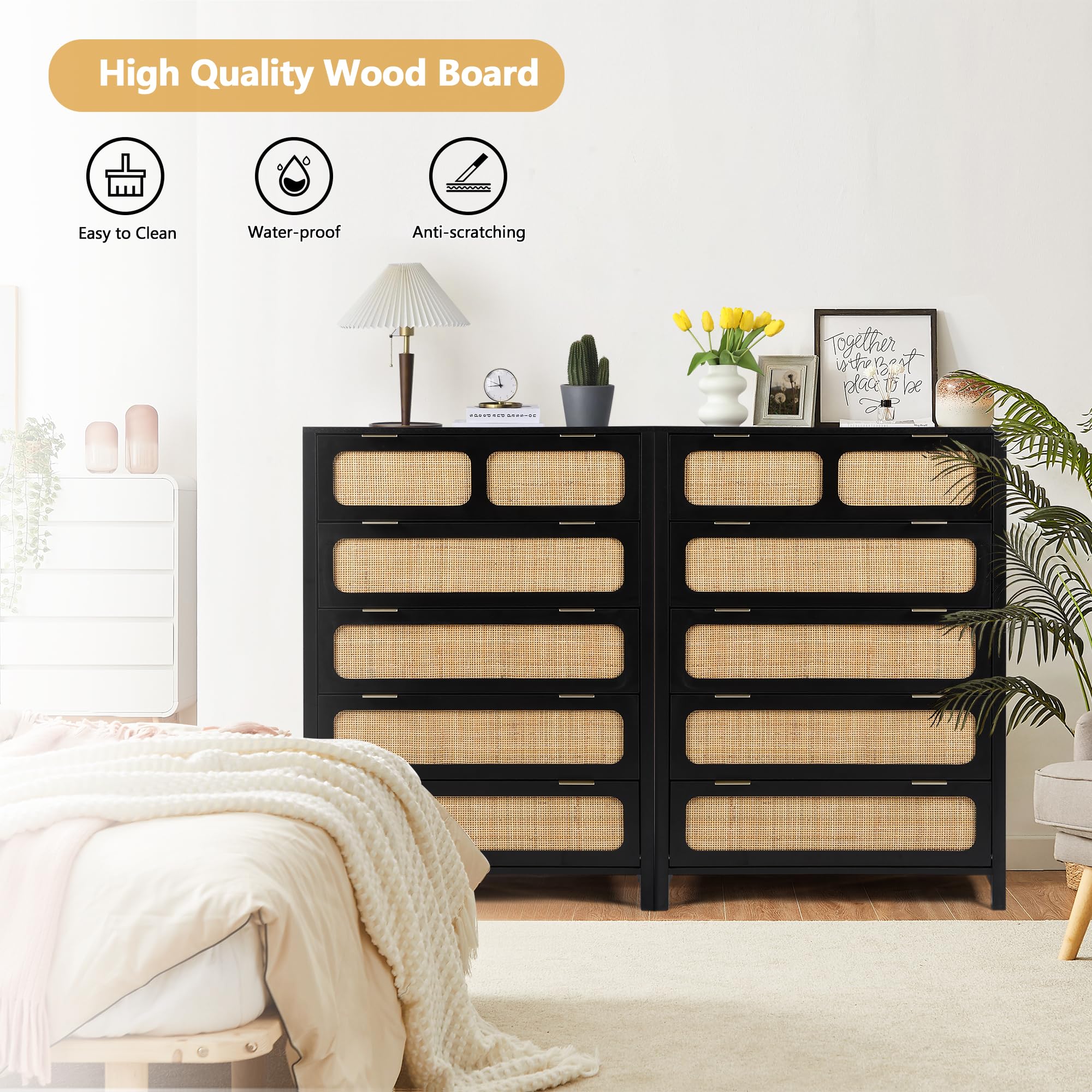 UHMUVFM 5 Drawer Dresser with Rattan Finish, Modern Farmhouse Chest of Drawers with Metal Handles, Accent Wood Storage Cabinet for Bedroom, Living Room and Kitchen (Black)