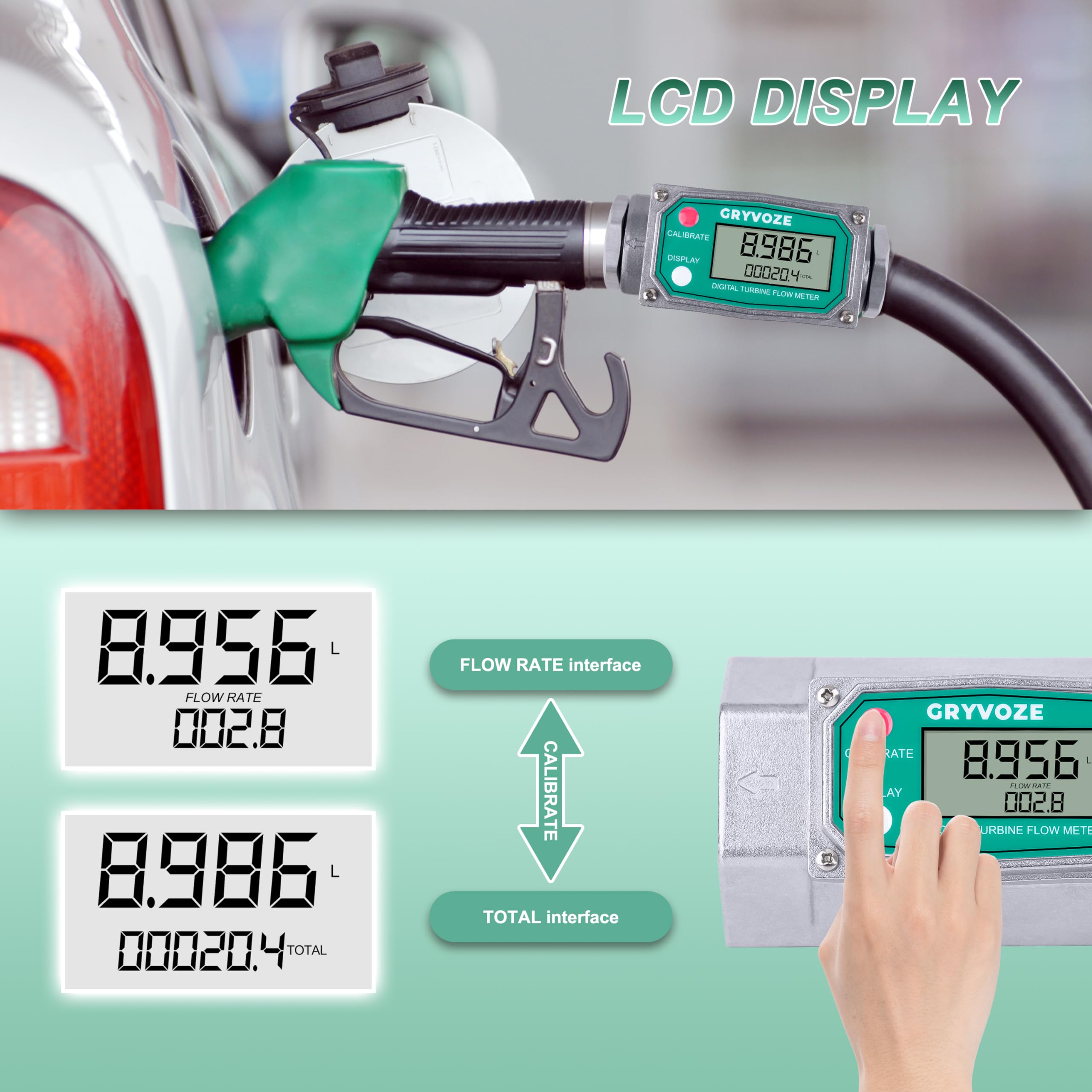 GRYVOZE 2 Inch NPT Digital Flow Meter, 15.8-132 GPM Inline Fuel Turbine Flowmeter with LCD Display for Water, Diesel, Gas Oil, Gasoline, and Other Liquids - Supports Gallon, QTS, PTS, L, m³
