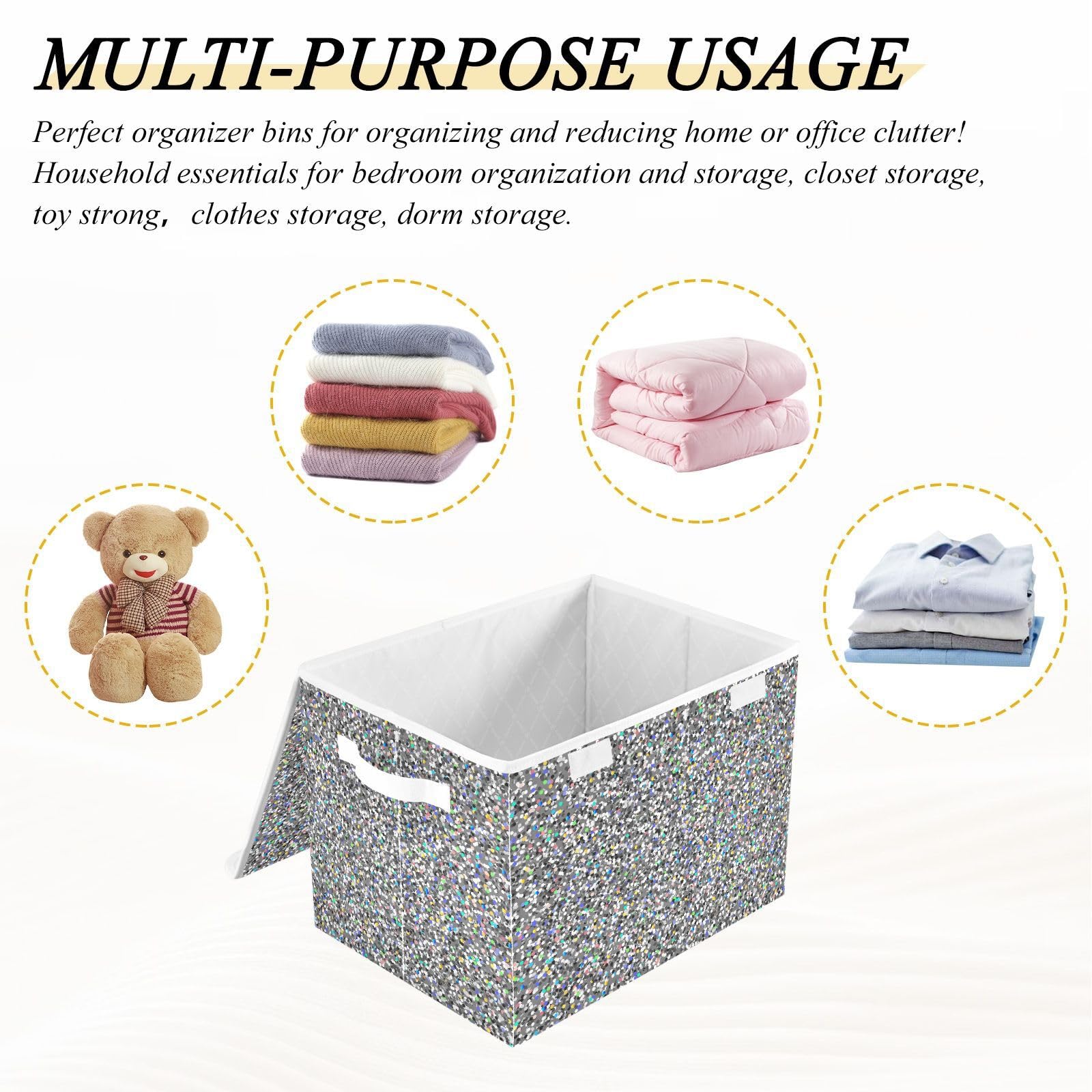 VIGTRO Silver Glitter Rainbow Sparkles Storage Bins with Lids Foldable Storage Boxes with 2 Handles, Bling Decorative Storage Basket Collapsible for Clothes Books