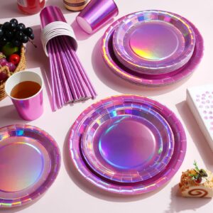 Iridescent Pink Party Supplies Decorations Serve 25, Hot Pink Holographic Paper Plates and Napkins Set, Disposable Pink Paper Plates Cups Knives Spoons Fork for Mermaid Disco Birthday Graduation Party