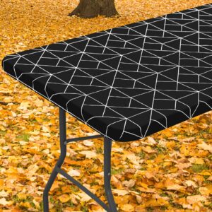 misaya rectangle fitted plastic table cloth, elastic vinyl flannel backed tablecloth, waterproof table cover fits 6 foot folding tables for outdoor picnic camping (black, 30" x 72")