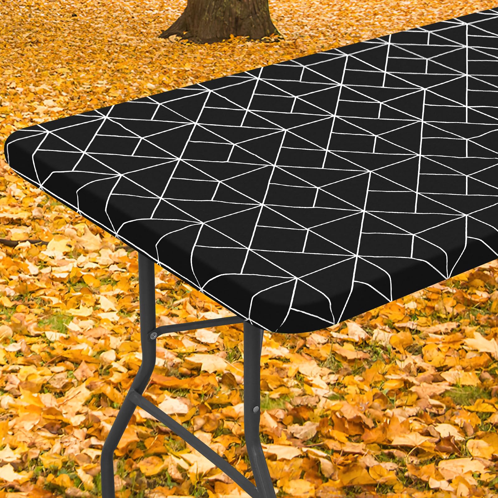 misaya Rectangle Fitted Plastic Table Cloth, Elastic Vinyl Flannel Backed Tablecloth, Waterproof Table Cover Fits 6 Foot Folding Tables for Outdoor Picnic Camping (Black, 30" x 72")