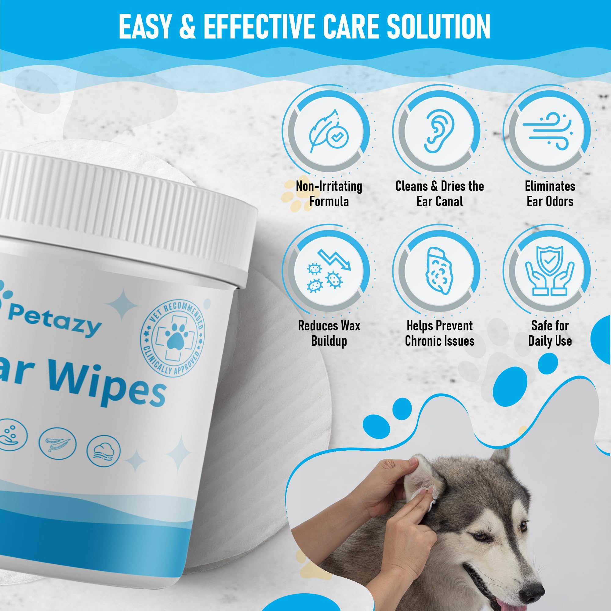 Petazy Dog Ear Wipes for Dog | Unscented Dog Ear Cleaner for Dogs | Remove Dirt Wax Itch Odor | Natural Cleaning Puppy Ear Wipes | Soothing Ear Wipes for Pets Cat | Organic Ingredients | 125 XL Pcs