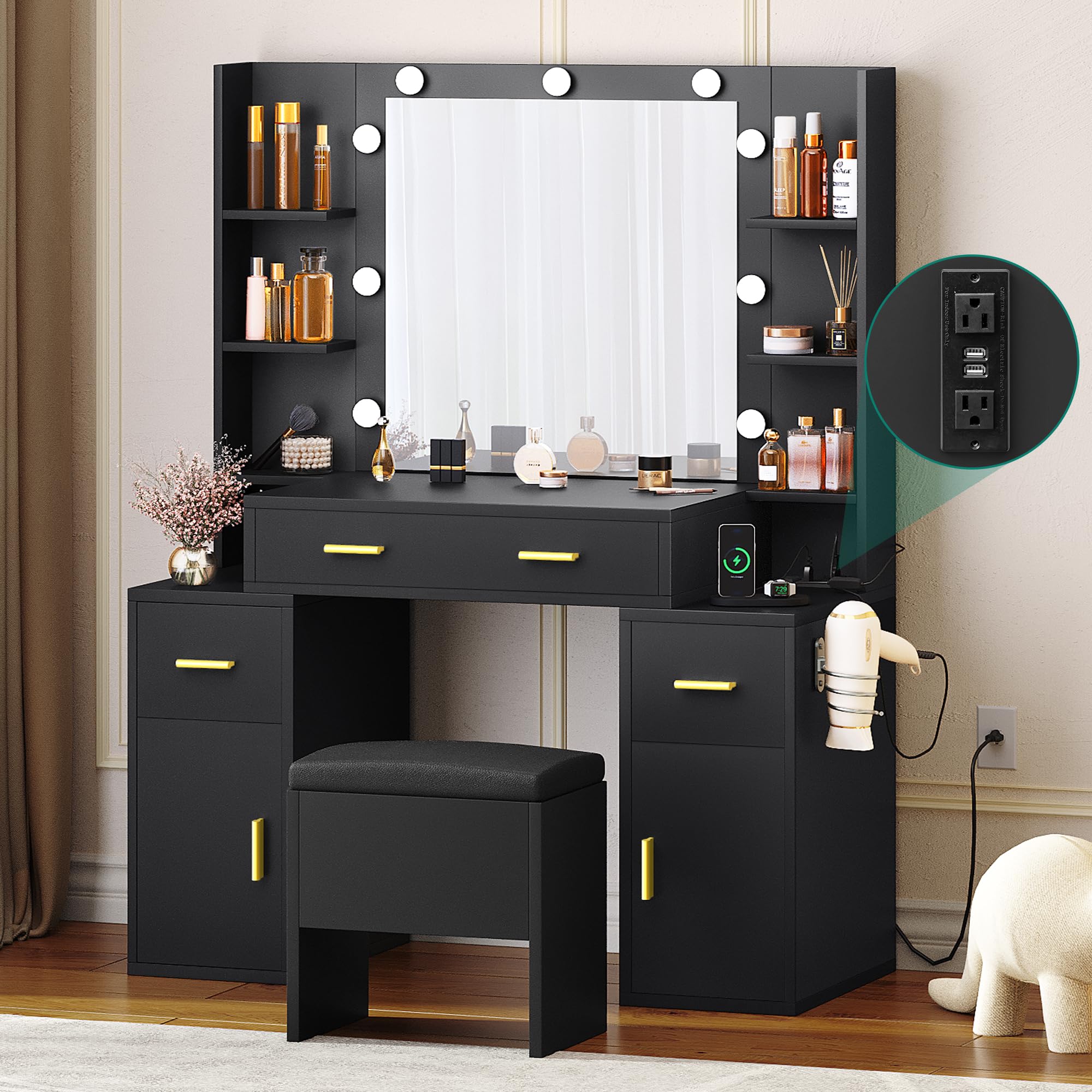 YITAHOME Makeup Vanity Desk with Mirror and Lights, Large Vanity Set with Charging Station, Dressing Table with Storage Bench, Makeup Vanity Mirror with Shelf and Drawers, 3 LED Lights Modes, Black