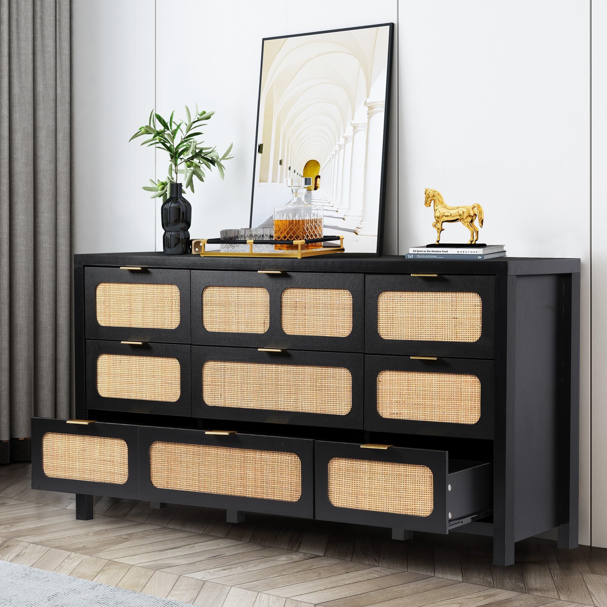 UHMUVFM 9 Drawer Dresser with Rattan Finish, Modern Farmhouse Chest of Drawers with Metal Handles, Accent Wood Storage Cabinet for Bedroom, Living Room and Kitchen (Black)