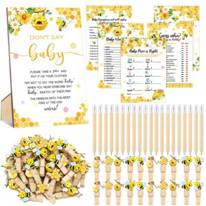 patelai 321 pcs baby shower games supplies, 5 sets (50 cards each) activities cards with 20 pencils 1 don't say baby sign 50 clothespin(bee)