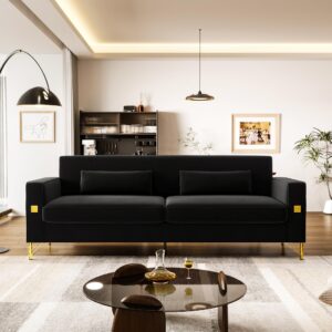 85.63'' mid-century modern black velvet sofa couch with metal gold legs, 3 seater tufted loveseat couches with 2 lumbar pillows for living room and apartment