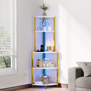 YITAHOME Corner Shelf with Power Outlets & LED Lights & Glass Holder, 5 Tier Corner Bar Rack, Corner Storage Cabinet Display Shelves for Living Room, Dining Room, Kitchen, Gold