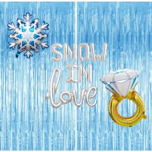 100% liked snow in love bridal shower decorations, winter bachelorette decors, letter balloons, snowflake, ring foil balloons & blue curtain for wedding engagement party supplies