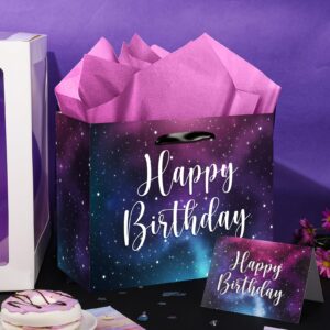 Space Galaxy Birthday Gift Bags, Large Purple Space Galaxy Happy Birthday Party Favor Bags with Greeting Card and Tissue Wrapping Paper for Men Women Kids Adults Anniversary Birthday Party Supplies