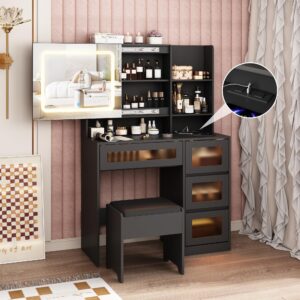 makeup vanity desk with sliding mirror and lights, 4 drawers & charging station, led light, vanity table with adjustable brightness & 3 colour light modes, dresser desk and cushioned stool set, black