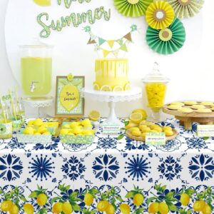 Nefelibata Lemon Tablecloth Birthday Party Decorations 3PCS Disposable Blue Tile Plastic Table Covers for Bridal Baby Showers Kitchen for Summer Spring Italian Themed Party Supplies 42 * 88 Inches