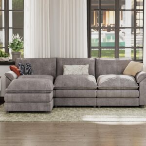 JUMMICO 119” Sectional Sofa Modern Deep Couch with Reversible Ottoman, L-Shaped Chenille Fabric Modular Sofa Sleeper Comfy for Living Room/Bedroom/Apartment (Grey, L Shaped Sofa)