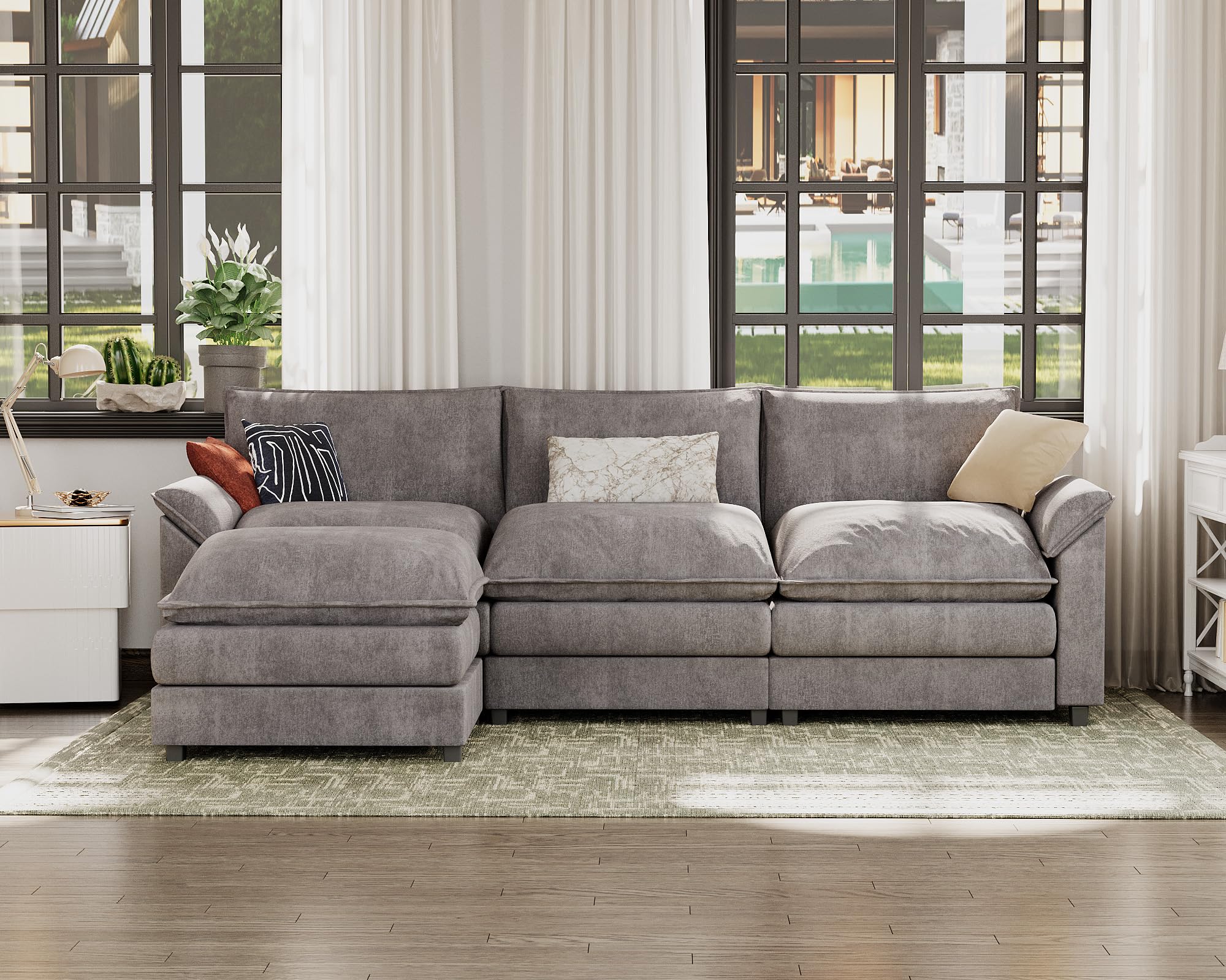 JUMMICO 119” Sectional Sofa Modern Deep Couch with Reversible Ottoman, L-Shaped Chenille Fabric Modular Sofa Sleeper Comfy for Living Room/Bedroom/Apartment (Grey, L Shaped Sofa)