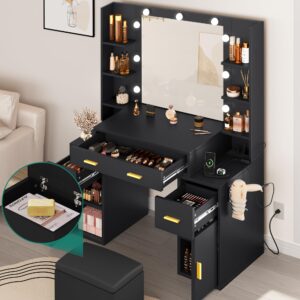 YITAHOME Makeup Vanity Desk with Mirror and Lights, Large Vanity Set with Charging Station, Dressing Table with Storage Bench, Makeup Vanity Mirror with Shelf and Drawers, 3 LED Lights Modes, Black