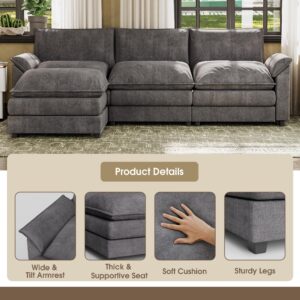 JUMMICO 119” Sectional Sofa Modern Deep Couch with Reversible Ottoman, L-Shaped Chenille Fabric Modular Sofa Sleeper Comfy for Living Room/Bedroom/Apartment (Grey, L Shaped Sofa)