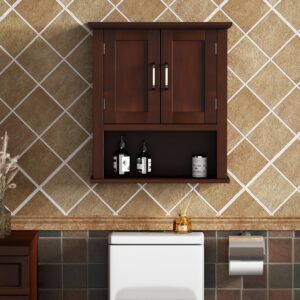 ChooChoo Wood Wall Cabinet with Doors, Medicine Cabinet with Adjustable Shelves Over The Toilet, Rustic Cabinet Wall Mounted for Bathroom, Kitchen, Living Room, Dark Cherry