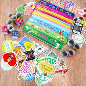 Kolewo4ever 244 Pieces Bible Verses Gifts Set:144 Pieces Bible Verses Slap Bracelets Religious Christian Wristbands 100 Pieces Bible Verses Stickers for Church Gatherings and Additional Activities