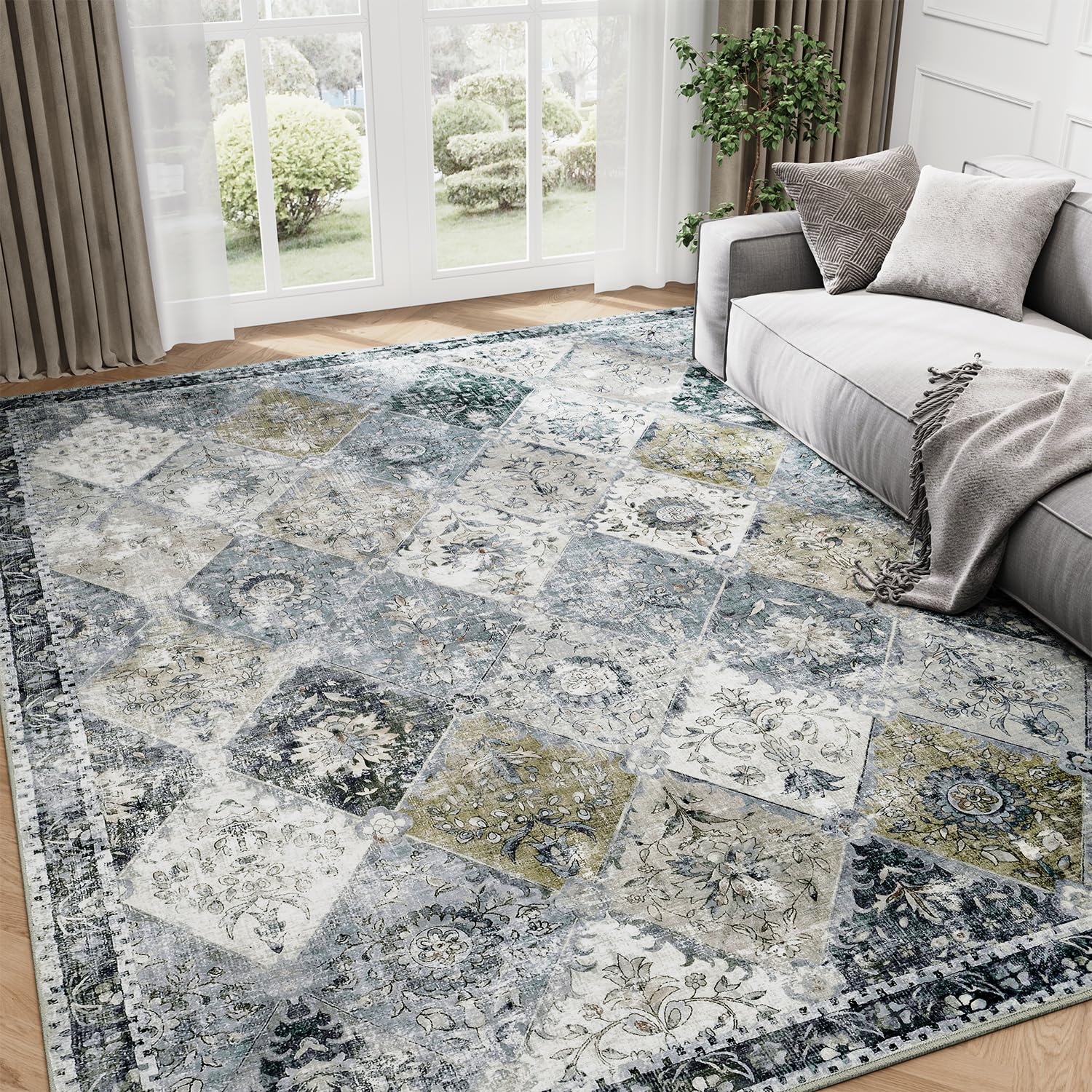 Moroccan 6x9 Area Rug for Living Room, Ultra-Thin Soft Office Carpet, Washable Oriental Bedroom Rug, Distressed Non Shedding Throw Rug, Non-Slip Indoor Accent Rugs for Dining Room