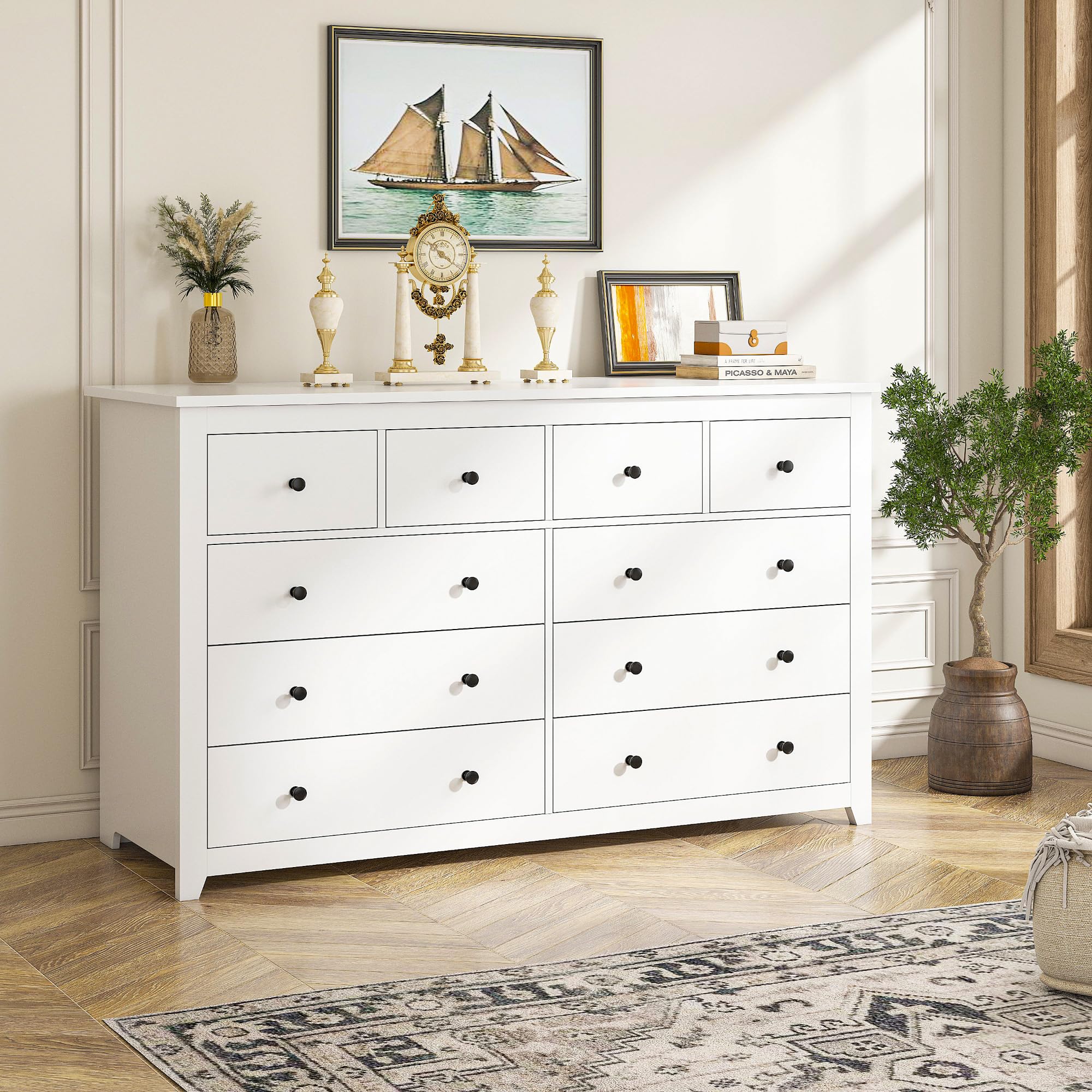 EnHomee White Dresser, Dresser for Bedroom with 10 Wood Drawers Dressers & Chests of Drawers with Smooth Metal Rail, Wide Storage Dressers Organizer for Hallway, Bedroom, 52.2W*15.8" D*35.8" H