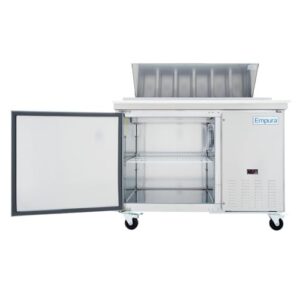 Empura 47" Refrigerated Prep Table with One-Solid Door Pizza Preparation Fridge with (6) 1/3" Food Pan and 18" Cutting Board for Pizzeria Restaurant 47.4" W x 32.3" D x 41.7" H, Stainless Steel, 115v