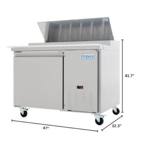 Empura 47" Refrigerated Prep Table with One-Solid Door Pizza Preparation Fridge with (6) 1/3" Food Pan and 18" Cutting Board for Pizzeria Restaurant 47.4" W x 32.3" D x 41.7" H, Stainless Steel, 115v