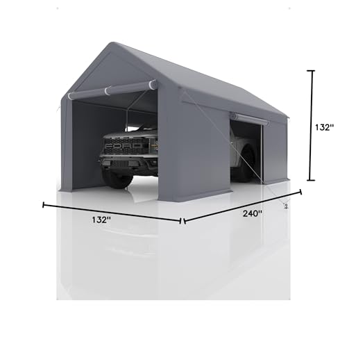 DEXSO Carport 13'x20' Portable Garage, with Heavy Duty Carport Canopy, Reinforced Steel Poles and 4 Roll-up Doors, for Pickup, Boat, and Equipment, Silver Gray