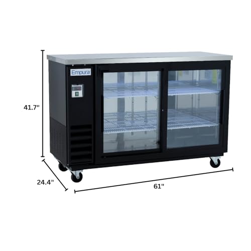 Empura 61" Back Bar Cooler Cabinet with 2 Sliding Glass Doors | Commercial Refrigerator Fridge Beer Soda | 324 12-oz Bottles Capacity, 61.1”W x 24.4”D x 41.7”H, Stainless Steel Countertop, Black, 115v