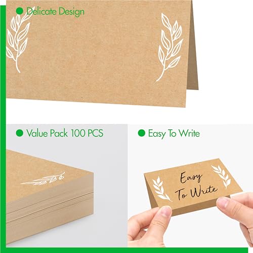 100 PCS Kraft Place Cards, Small Blank Tent Cards Delicate Seating Cards Rustic Name Cards Escort Cards for Wedding, Table, Dinner Parties, Receptions (2” x 3.5”, Leaf Pattern Design)