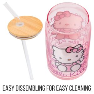 Silver Buffalo Sanrio Hello Kitty Waving Pink Glass Jar Tumbler with Bamboo Lid and Glass Straw, 16 Ounces